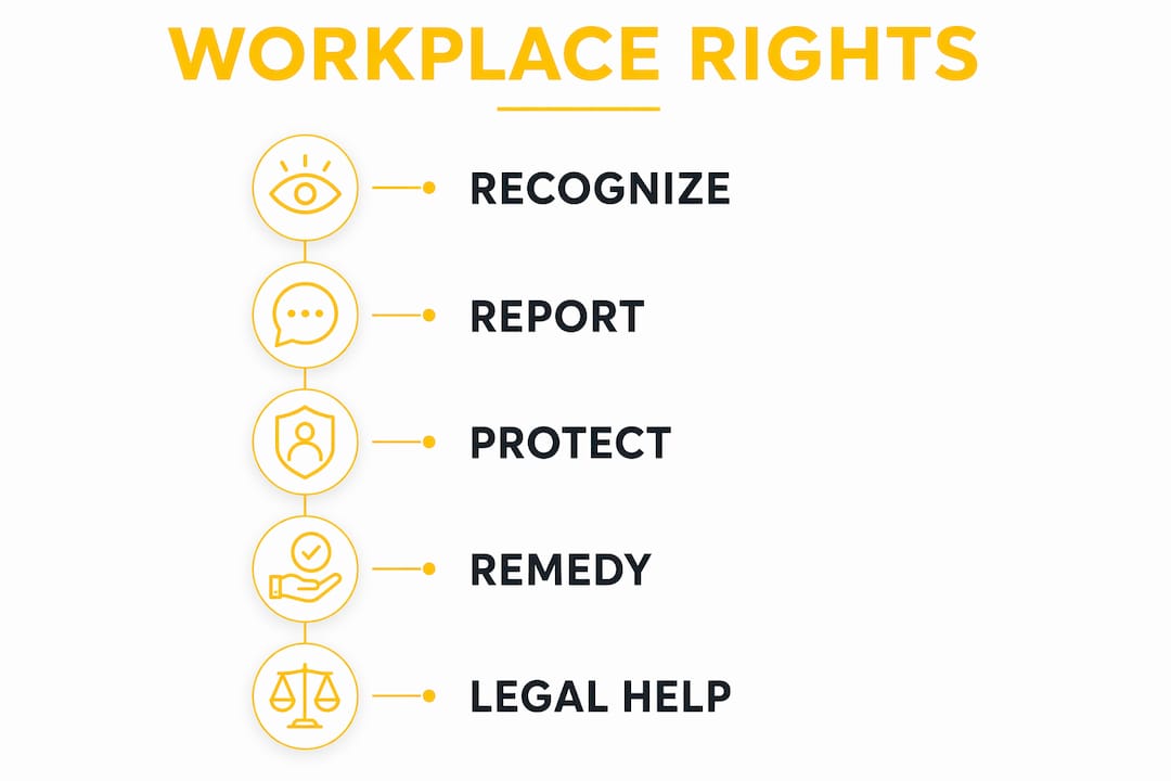 Infographic showing workplace harassment rights and steps