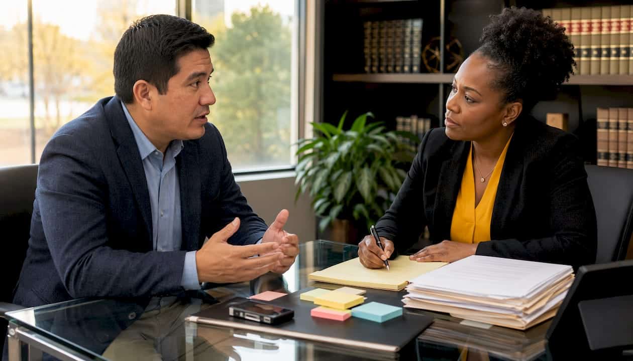 Employment lawyer consulting client in office