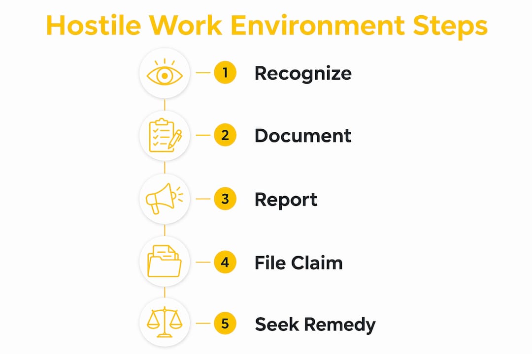 Infographic outlining steps in hostile work environment claims