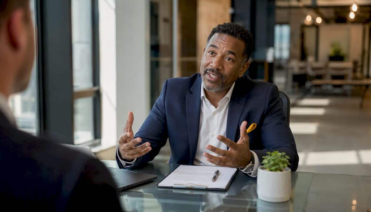 Employment lawyer consulting client in office