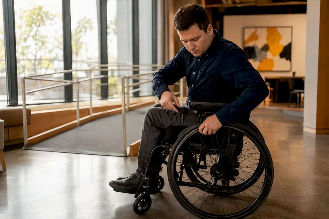 Employee adjusting wheelchair armrest in office