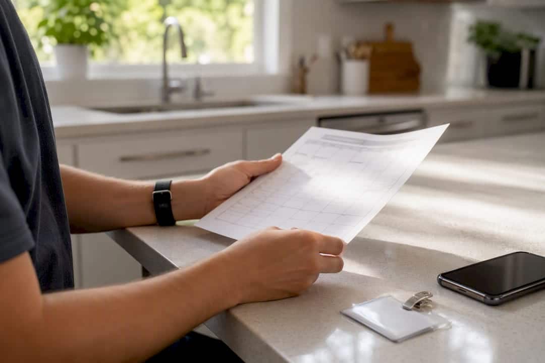 Hands arranging work tools and schedule device