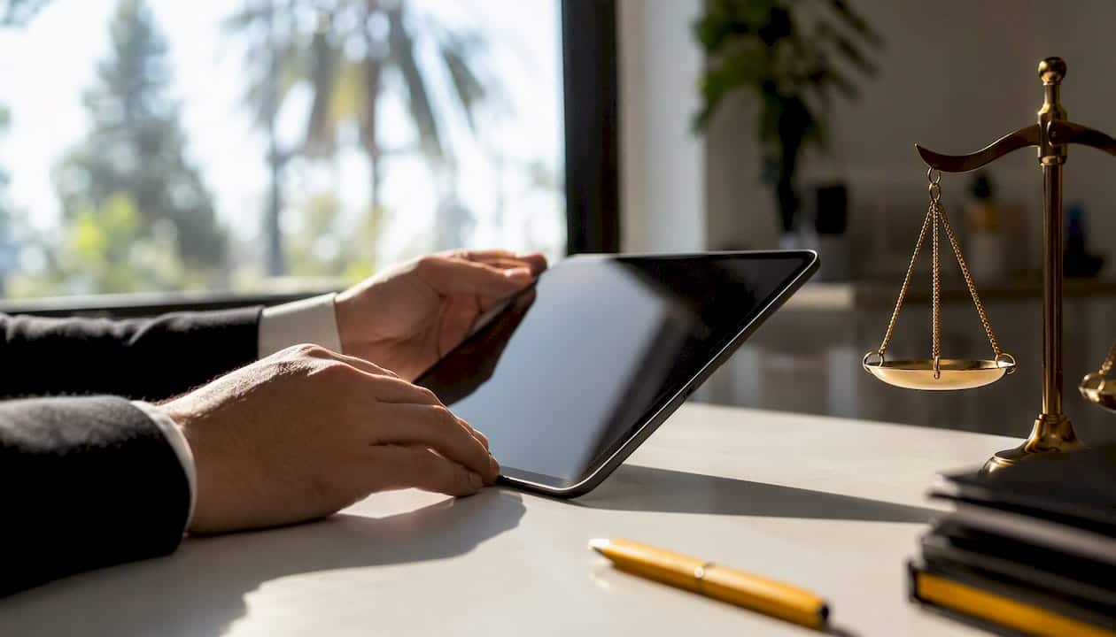 Hands placing tablet for filing wage claim