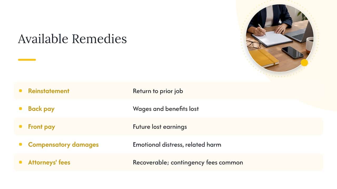 Remedies and damages available in a whistleblower retaliation claim — overview diagram
