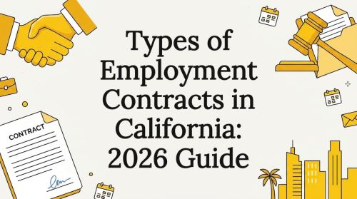 Decorative title card illustration with contract and legal icons