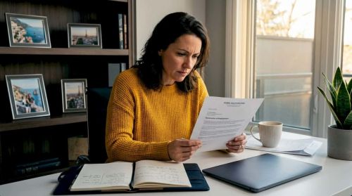 Woman reading termination letter in home office