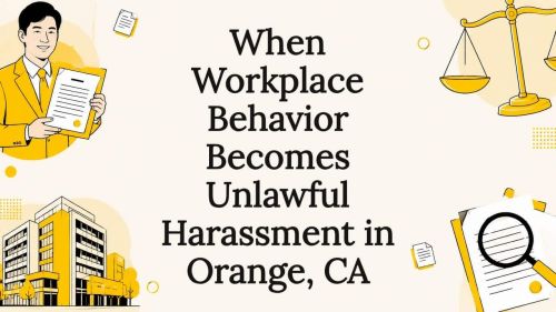 Flat vector illustration framing title card with legal and workplace elements
