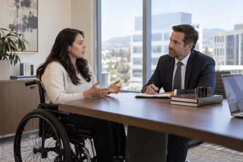 Worker meeting with employment lawyer about disability discrimination in Irvine