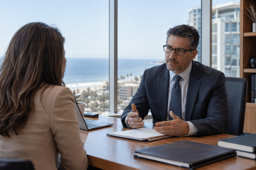 Employee meeting with employment lawyer in Newport Beach office